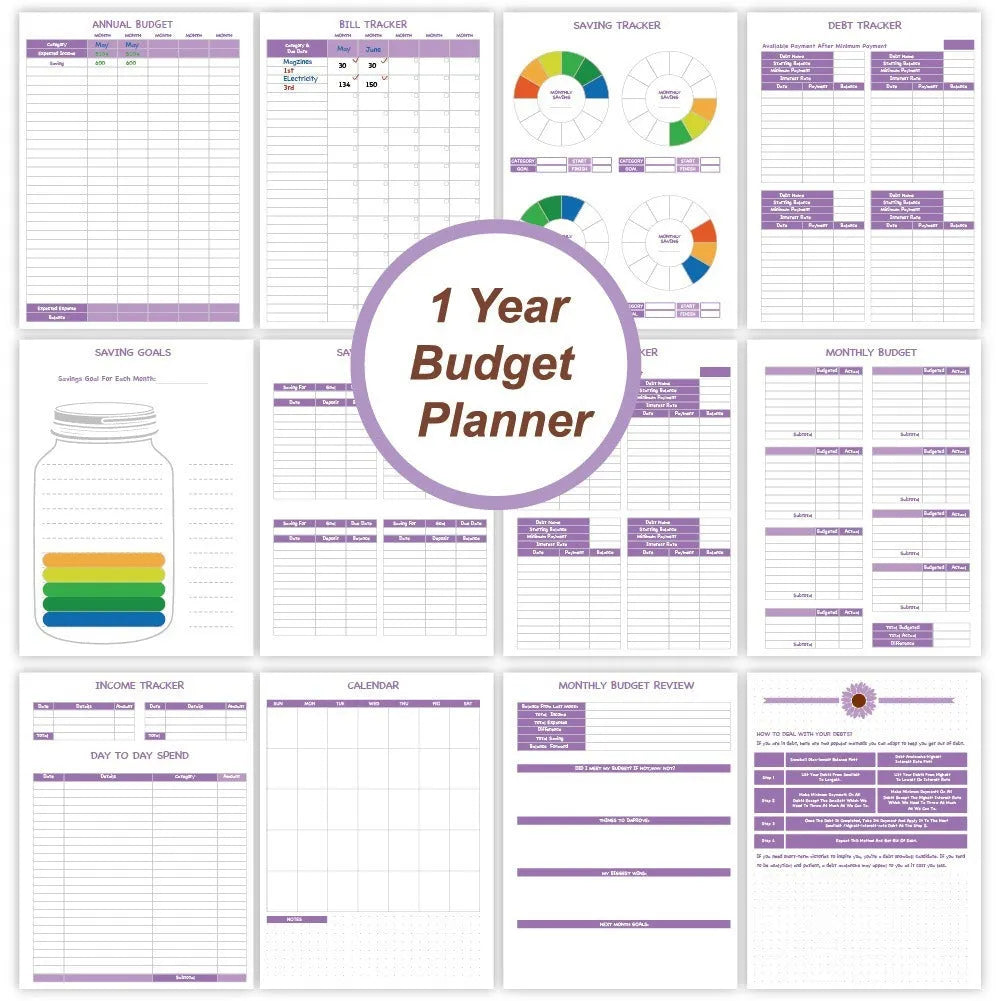 J12 purple coil-bound budget notebook with stickers and paper clips for financial planning