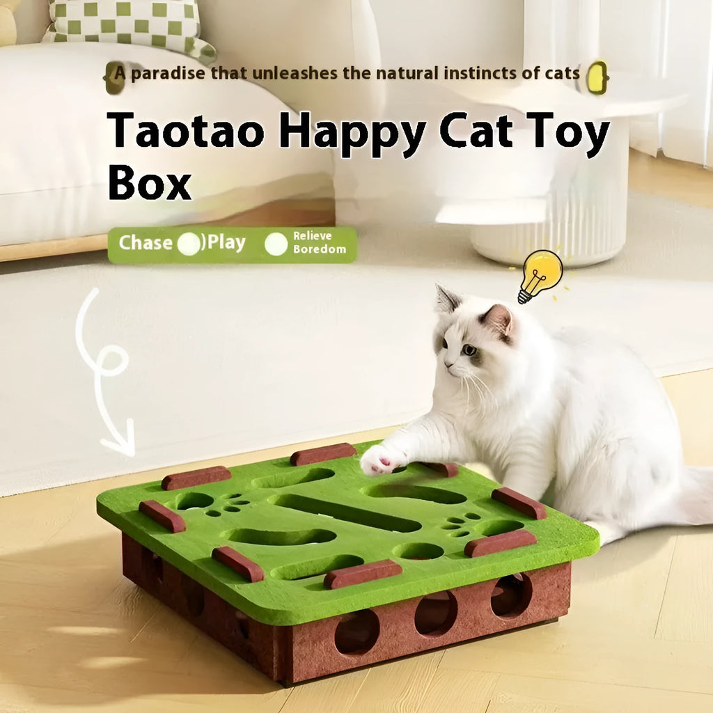 Cat toy felt box with stuffy hole, 30cm wide, in green brown