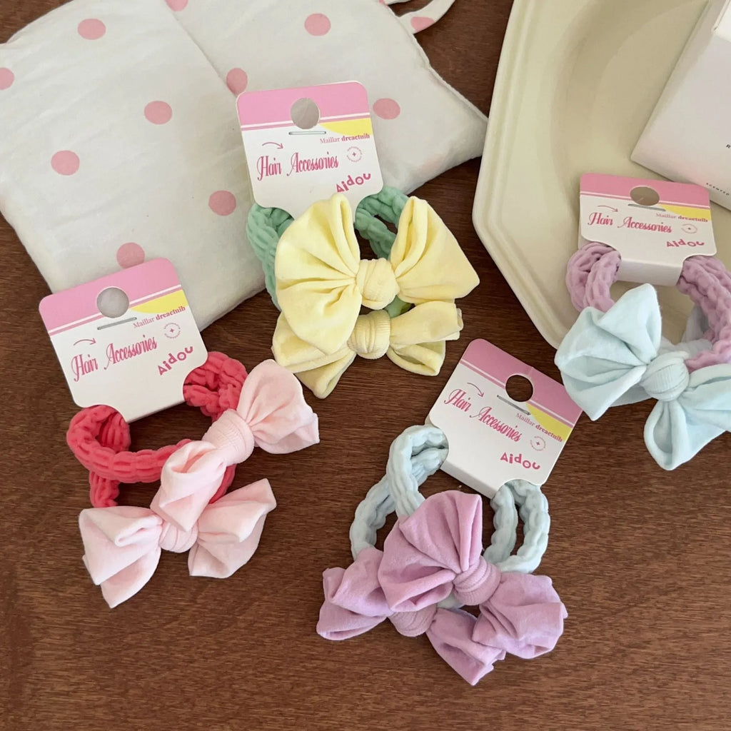 Macaron bow towel ring hair rope in four colours: blue, pink, custard, purple – high elasticity Korean style hair tie