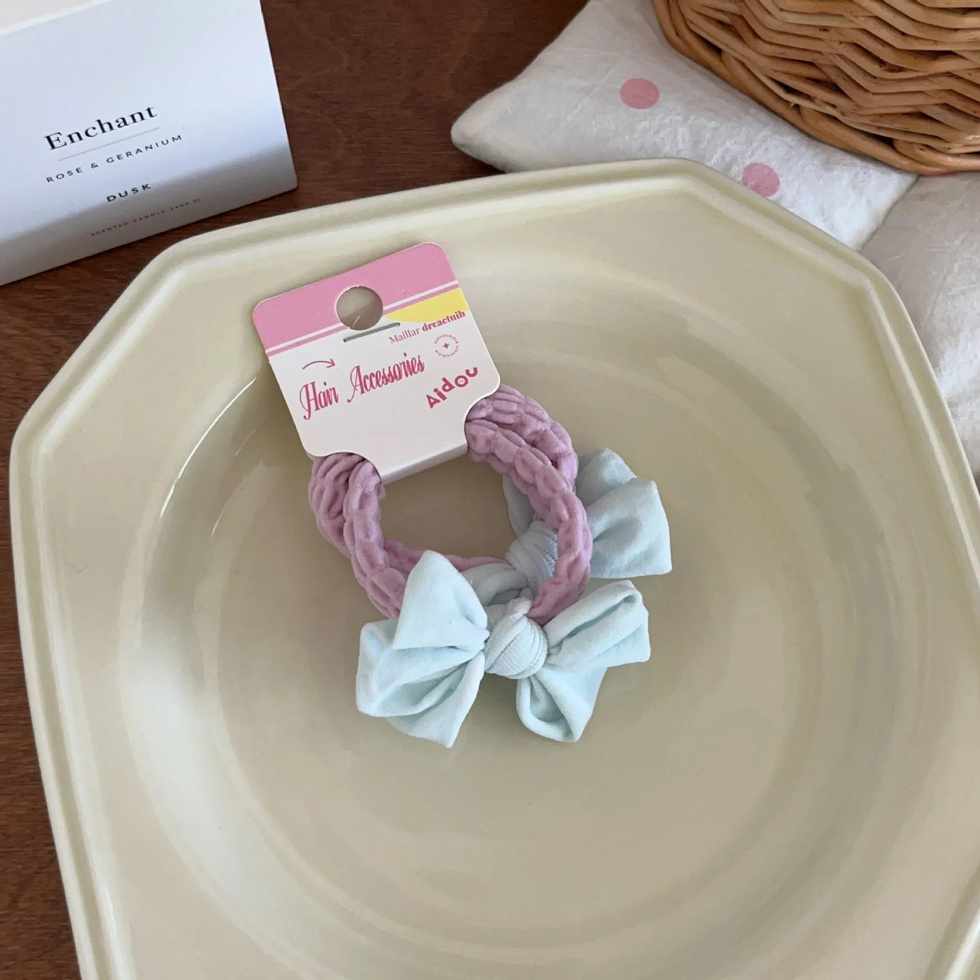 Macaron bow towel ring hair rope in four colours: blue, pink, custard, purple – high elasticity Korean style hair tie