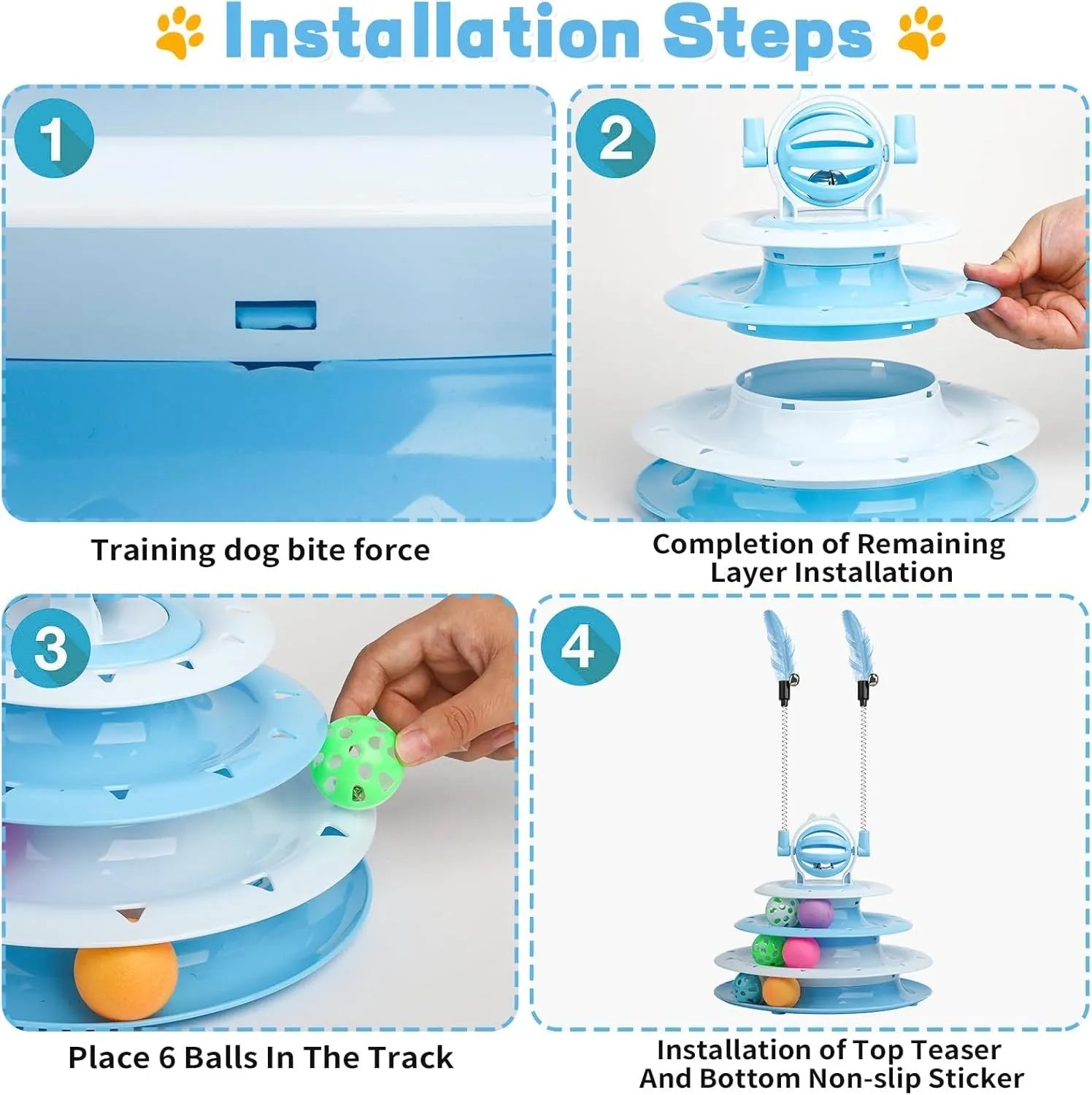 Interactive cat toy with 4-tier carousel, 6 toy balls, bell ball, and 2 teasing rods on a non-slip base
