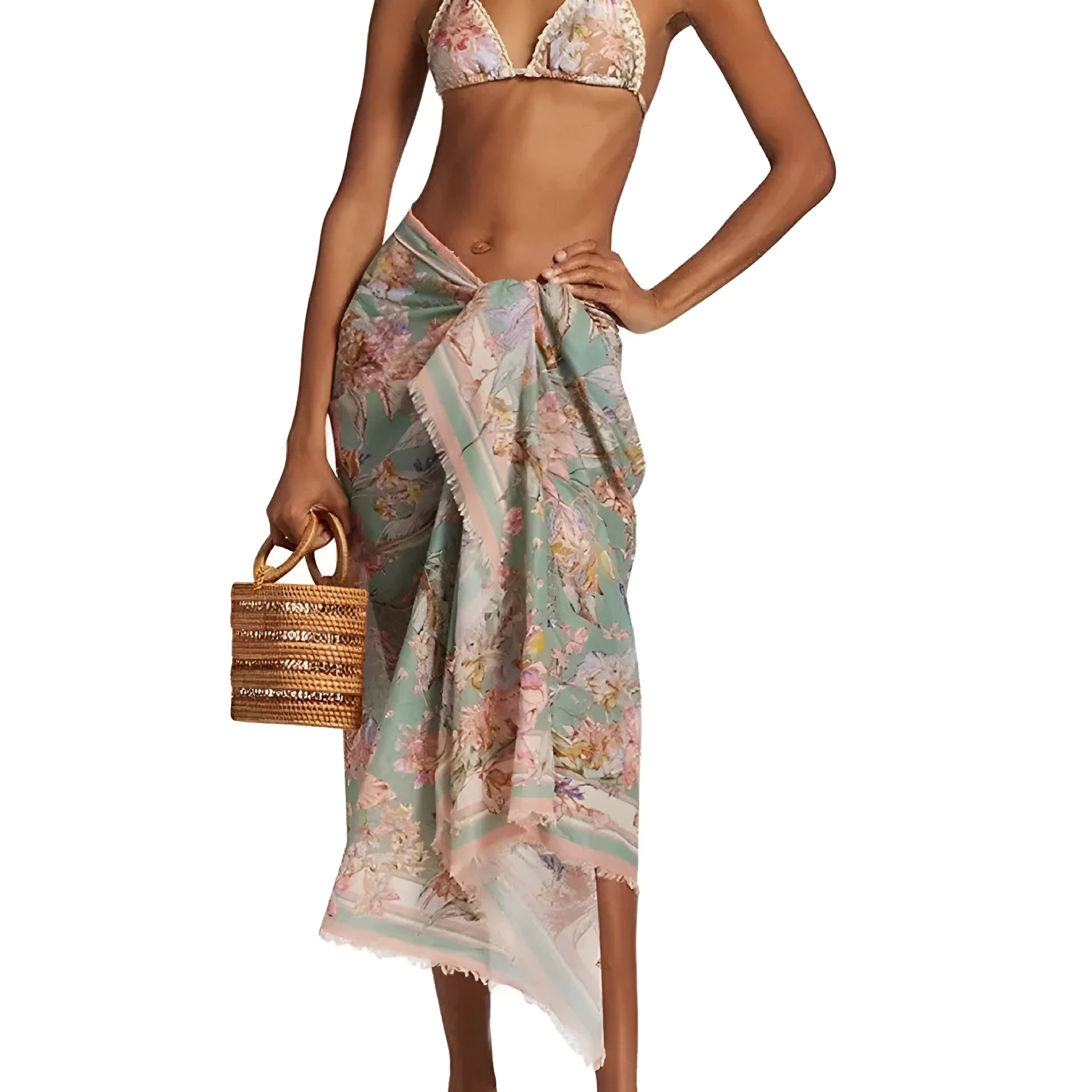 Women's creamy white floral bikini set with briefs and skirt on nylon fabric