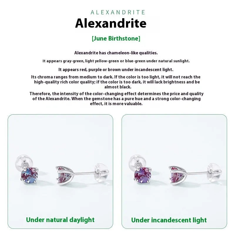 925 silver ear studs with round cultivated alexandrite stones in geometric setting