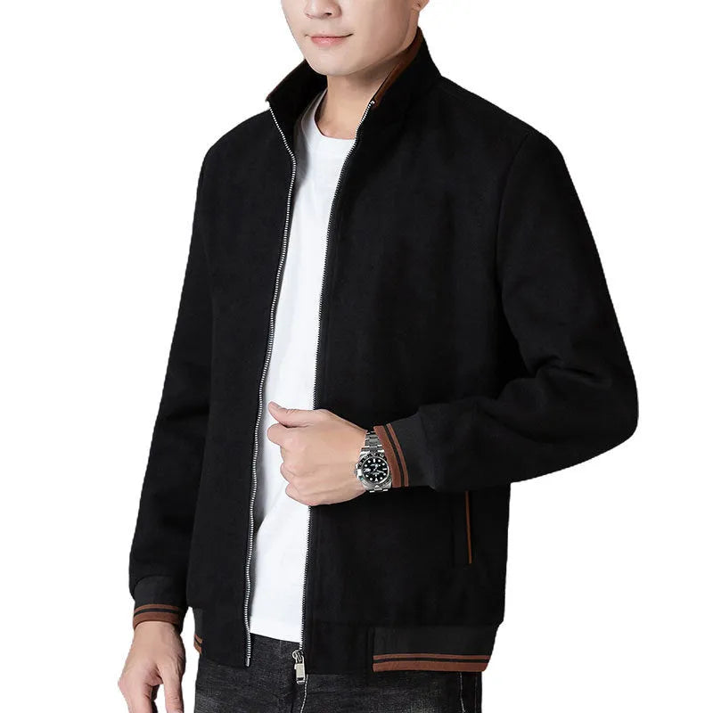 Men's gray polyester fleece autumn jacket with long sleeves and stick pocket
