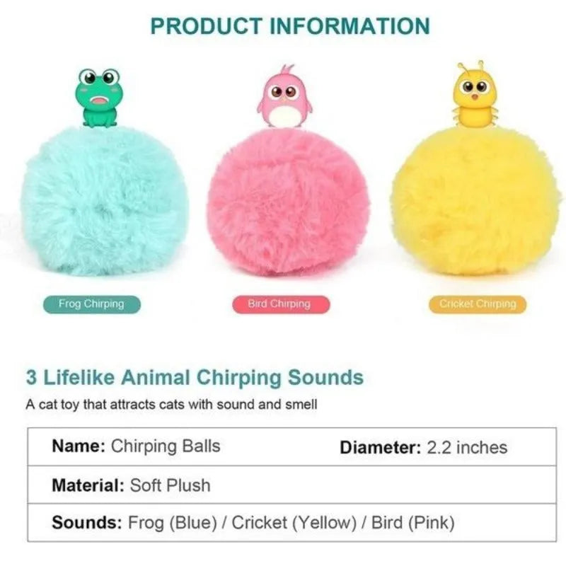 Interactive cat toy ball in blue, pink, or yellow colours with 55mm diameter and smart trigger for animal sounds