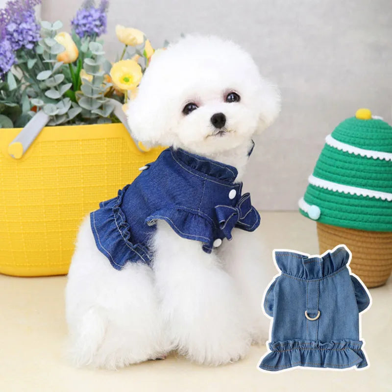 Blue denim dog dress with chest harness and back ruffles in various sizes