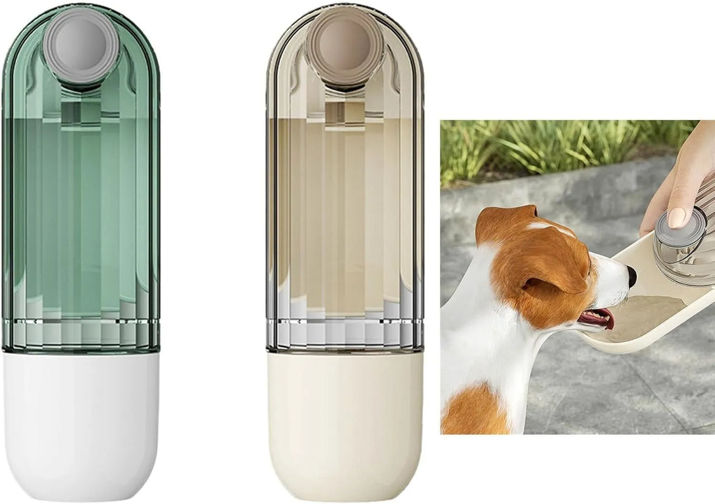 Beige and green foldable dog water bottle with integrated food container at the base