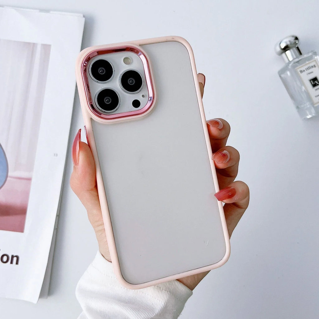 Electroplated transparent frosted PC protective phone case for iPhone with electroplated ring – black colour option