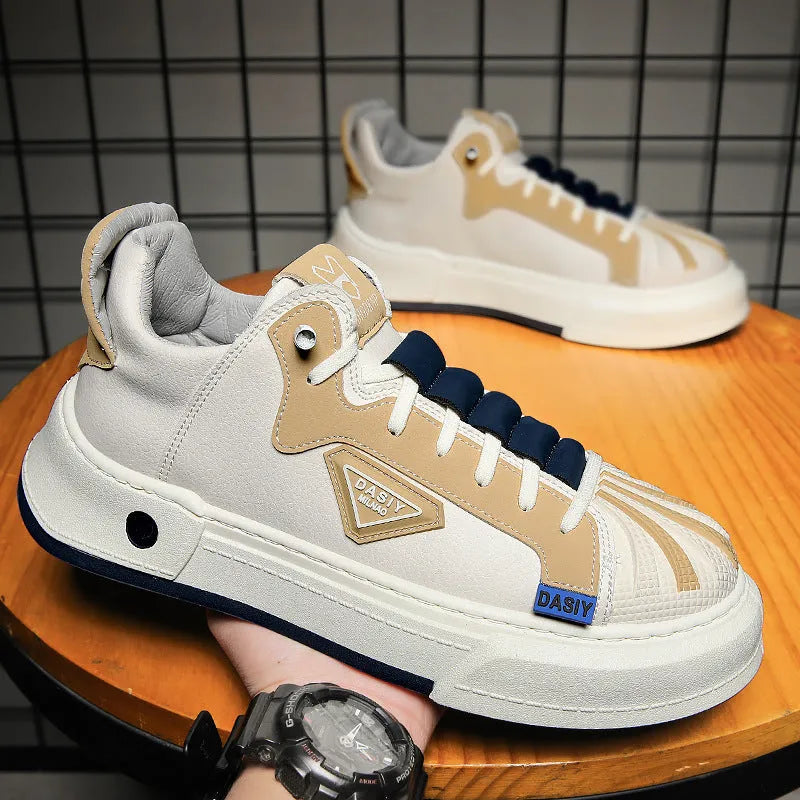 Men's beige low-top sneakers with elastic band closure and leather stitch detail on microfiber upper