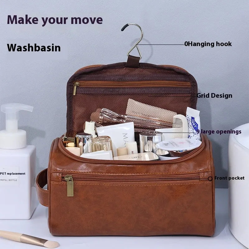 Large capacity waterproof cosmetic storage bag in retro style with PU leather construction