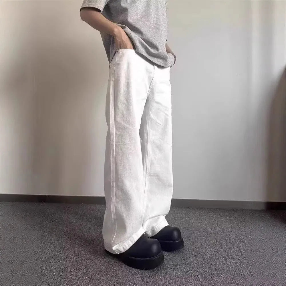 Men's white straight-leg cotton denim jeans with zip fly and mid-waist