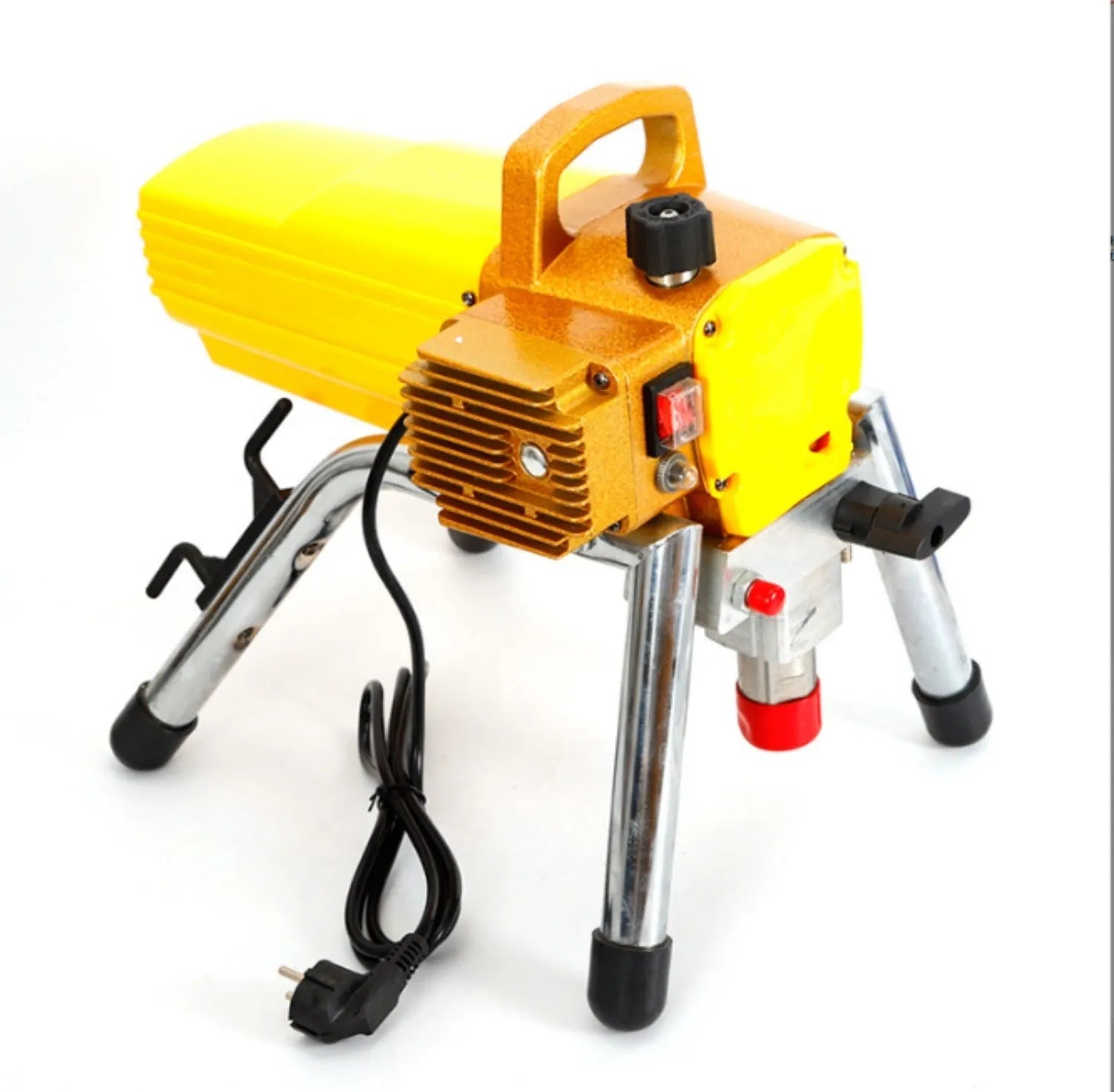 Blue portable electric airless spraying machine with spray gun, hose, extension rod, and accessories on a workbench