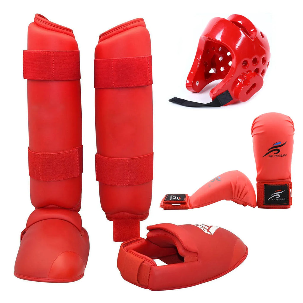 Complete martial arts protective gear set showing red boxing gloves, leg guards and helmet
