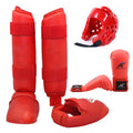 Complete martial arts protective gear set showing red boxing gloves, leg guards and helmet