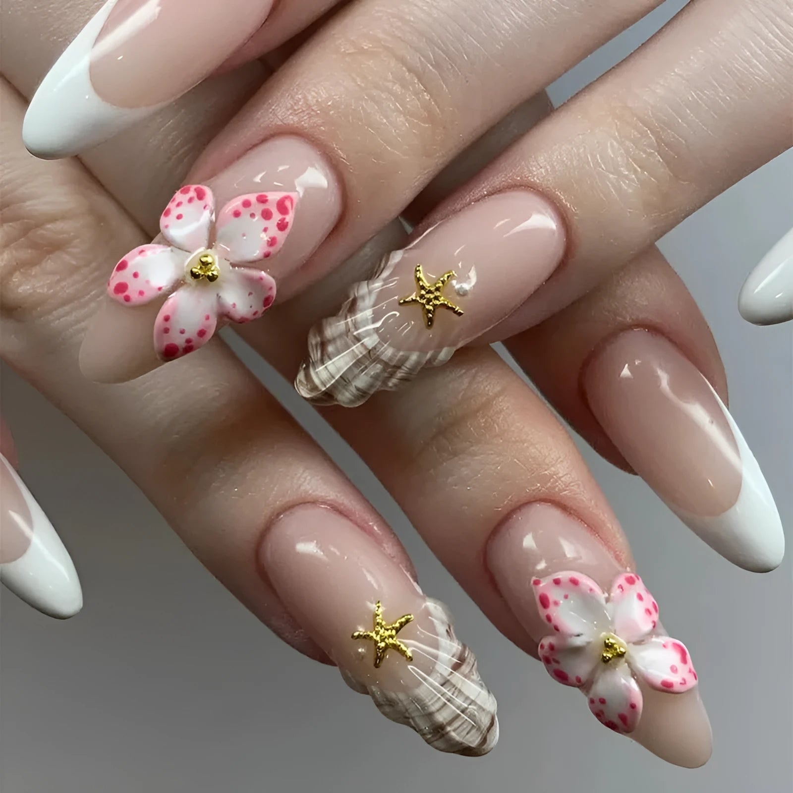 French style fake nails with rock pattern patch and simple flower design W1764 artificial nails
