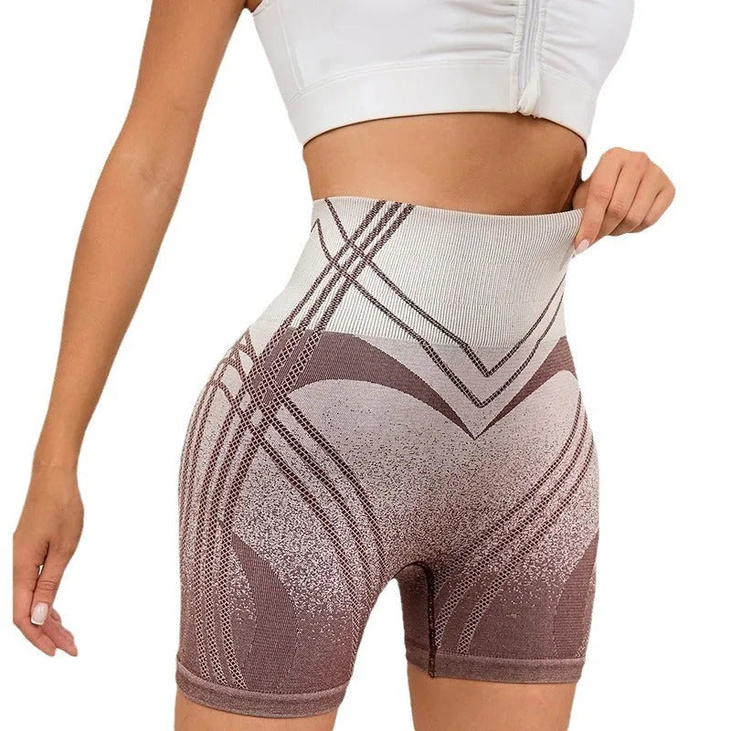 Women's high waisted gradient fitness shorts in black, nylon fabric, sizes XS to L