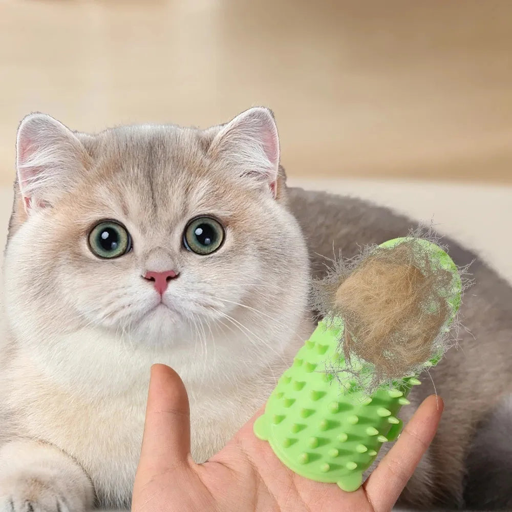 Silicone cat grooming comb with adjustable strap mounted on a table leg