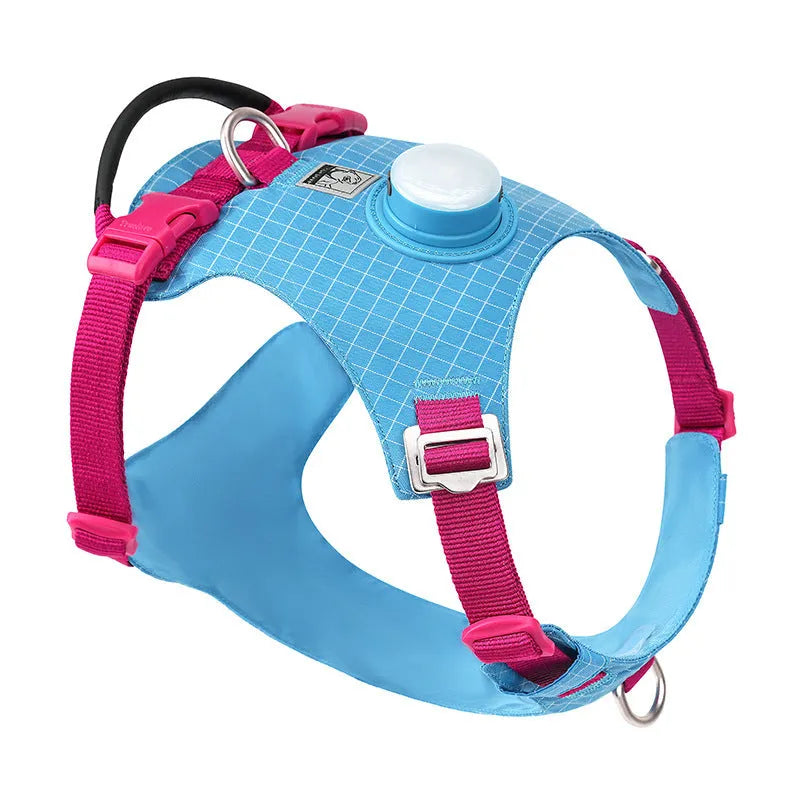 Nylon dog chest harness with LED light and reflective strip for night walks, multiple colour options