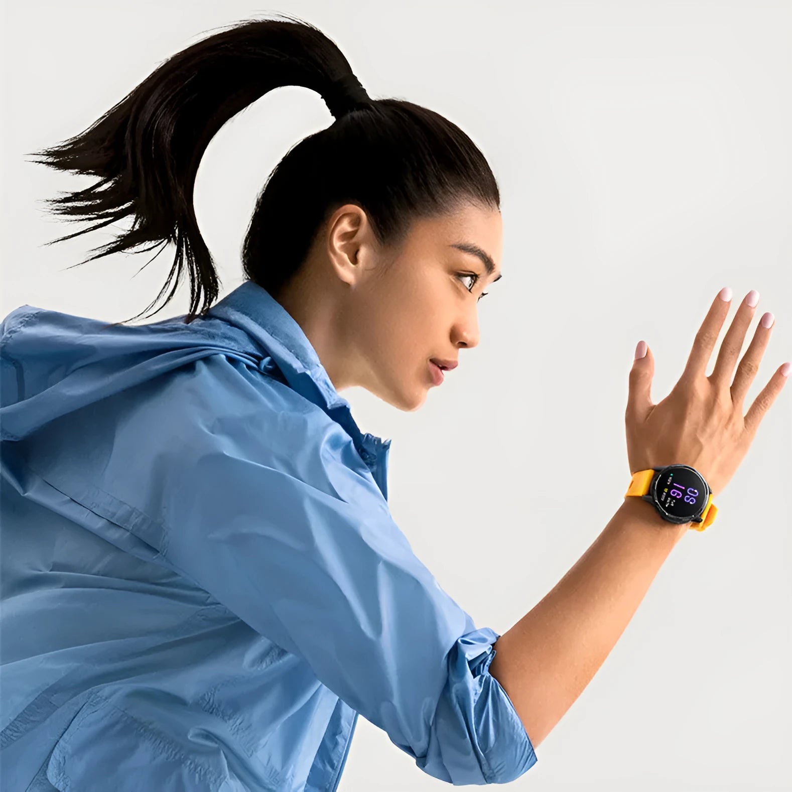 Smart watch with call function and dual band GPS on a silicone strap, showing a touch screen interface.