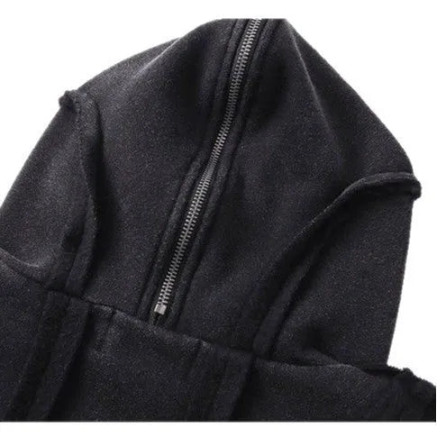 Black men's retro zip hooded cotton coat with abstract pattern, shown loose fit.