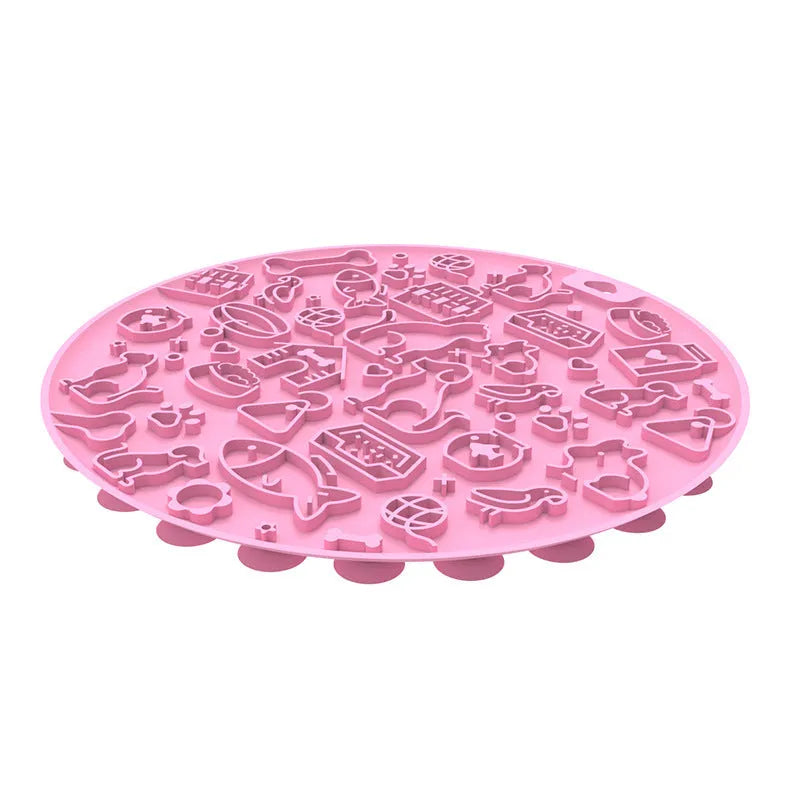Round silicone pet licking mat with suction cups shown in available colour options