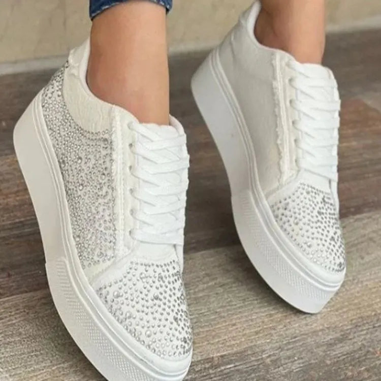 Plus size women's black casual lace-up shoes with rhinestone detail and a thick rubber chunky heel.
