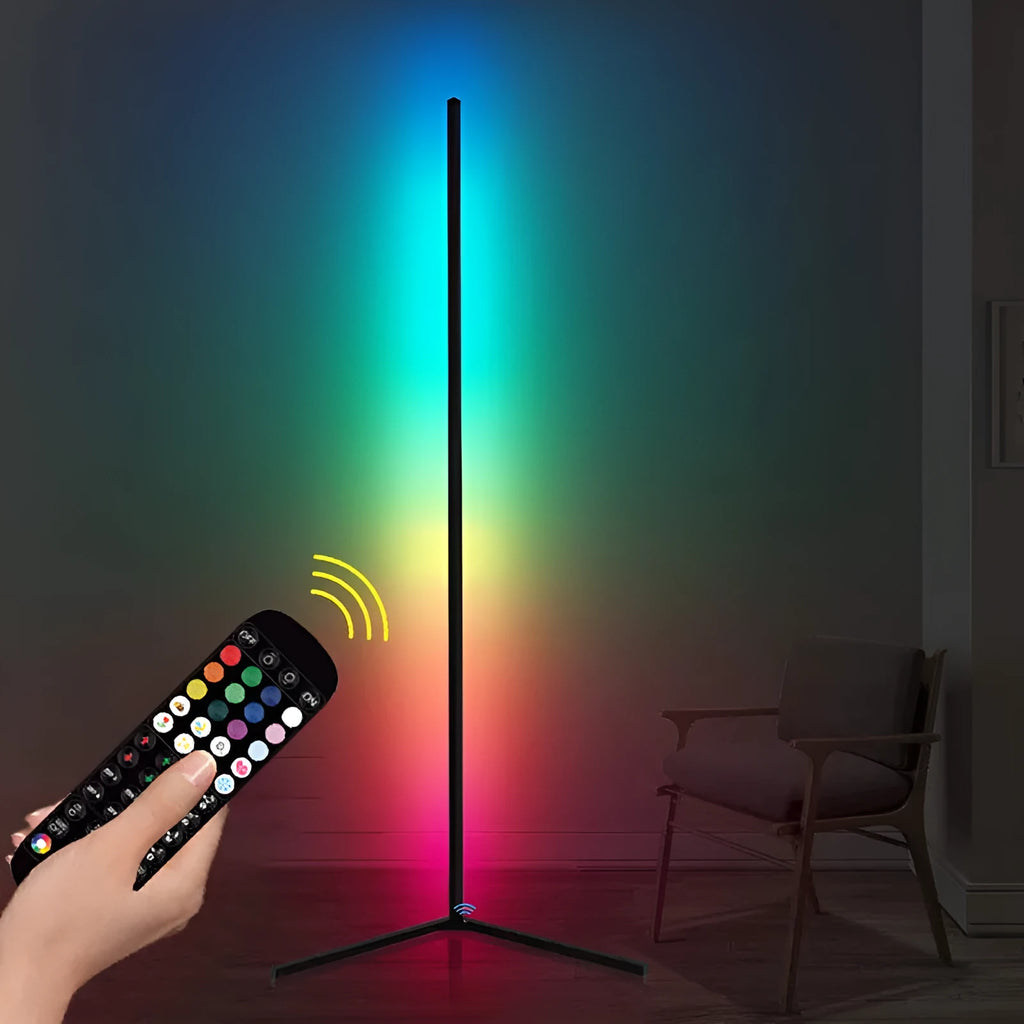 Black smart floor lamp with aluminium body and silicone shade, showing remote control