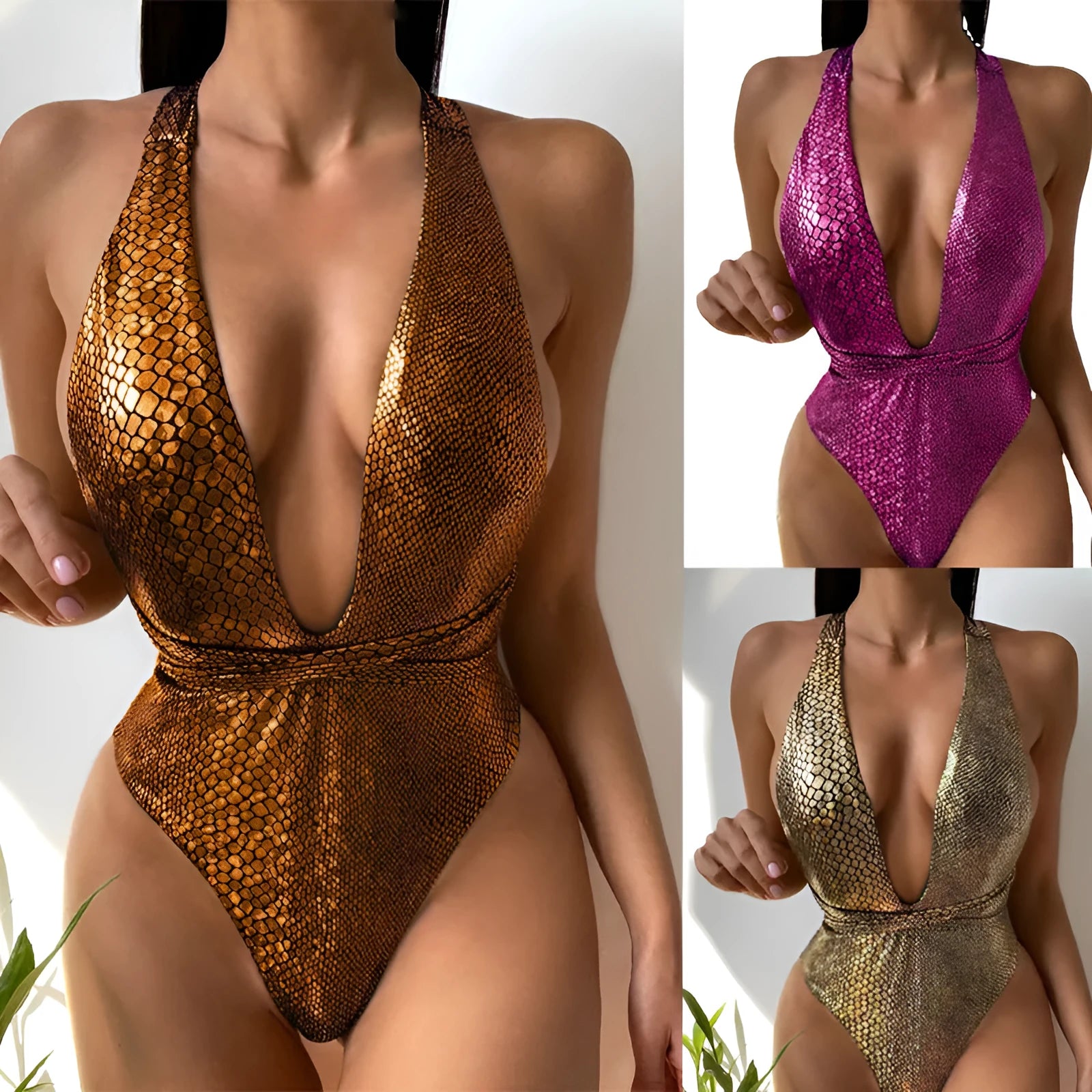 Sequined one-piece swimsuit in gold colour with solid pattern and full lining