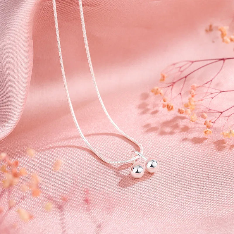 Silver cherry necklace with S925 pendant on adjustable snake bone chain for women