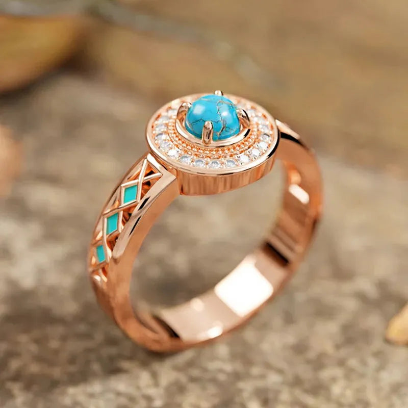 Women's geometric turquoise ring with rose gold plating and micro inlaid zircon stones
