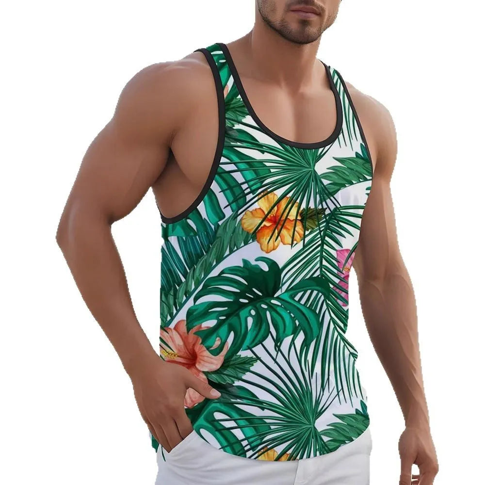 Men's solid colour polyester sleeveless vest or tank top on a hanger.