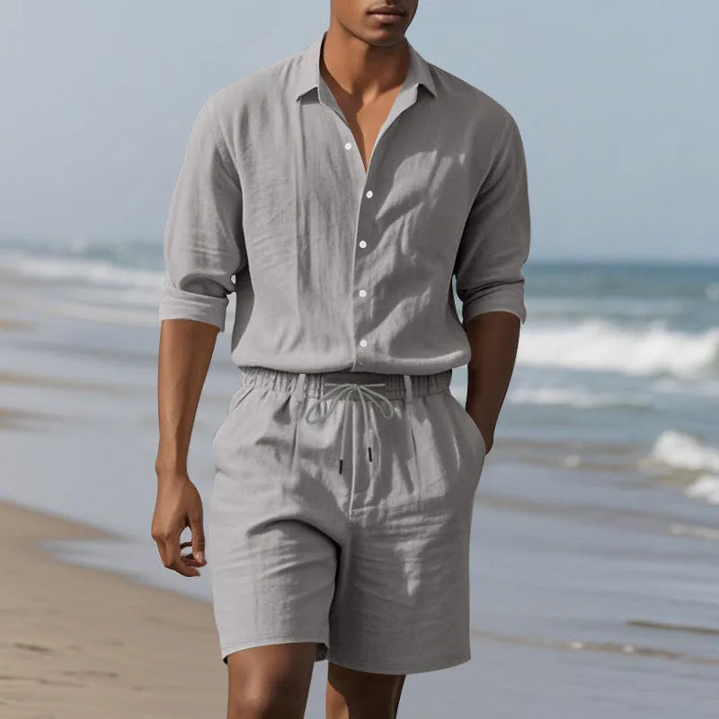 Linen long sleeve shirt and shorts beach suit in khaki on model
