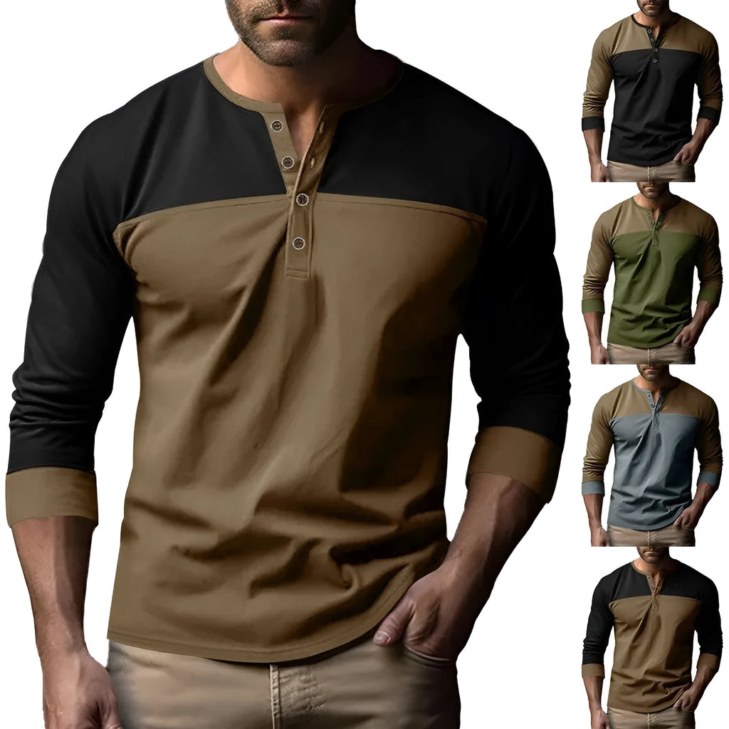Retro long-sleeve Henry collar casual shirt with colour-matching collar and beaded twill fabric, solid colour, pullover style