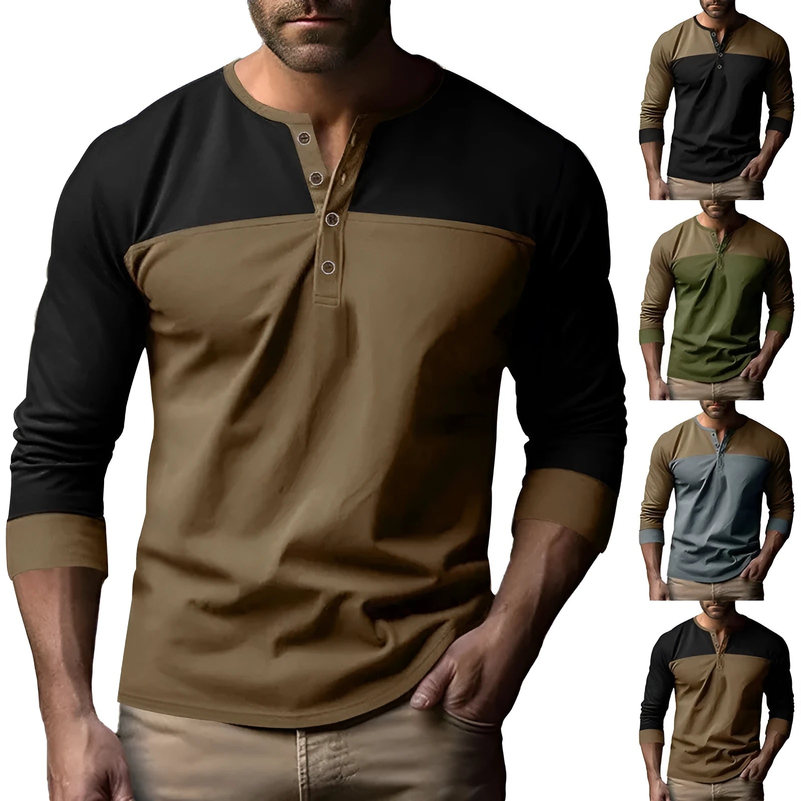 Retro long-sleeve Henry collar casual shirt with colour-matching collar and beaded twill fabric, solid colour, pullover style