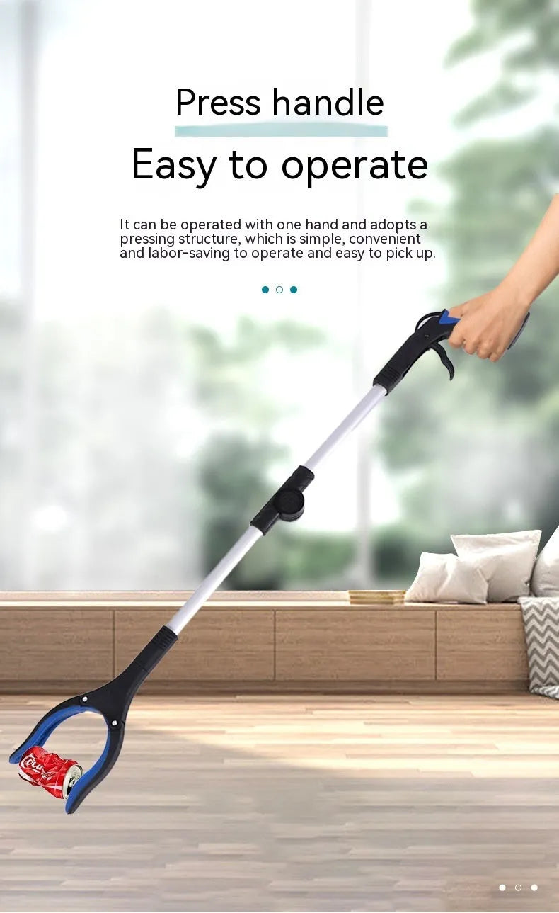 Foldable aluminium garbage pick-up clamp with extended silver rod and blue handle, showing magnet sucker.