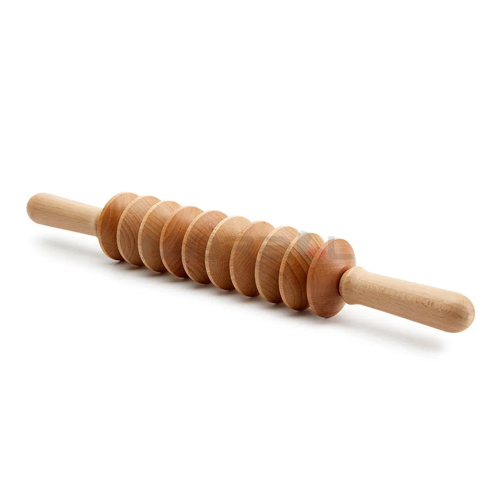 Beech wood massage roller set with multiple shapes including T-shaped, 9-wheel, 12-wheel straight, and 12-wheel curved rollers on a plain background