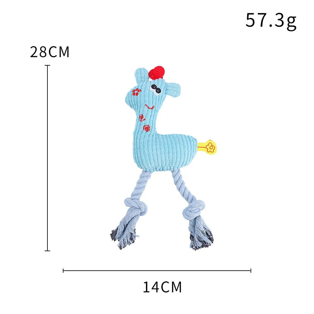 Deer-shaped plush pet toy with corn grain texture in blue, pink, and yellow colour options