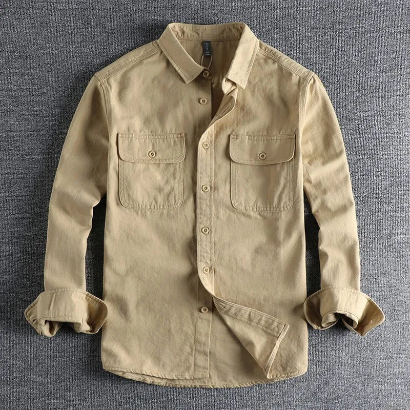 Men's long sleeve polyester overalls shirt in cardigan style with loose fit