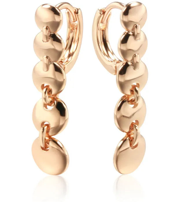 Retro long round circle earrings with woven copper construction and gold finish