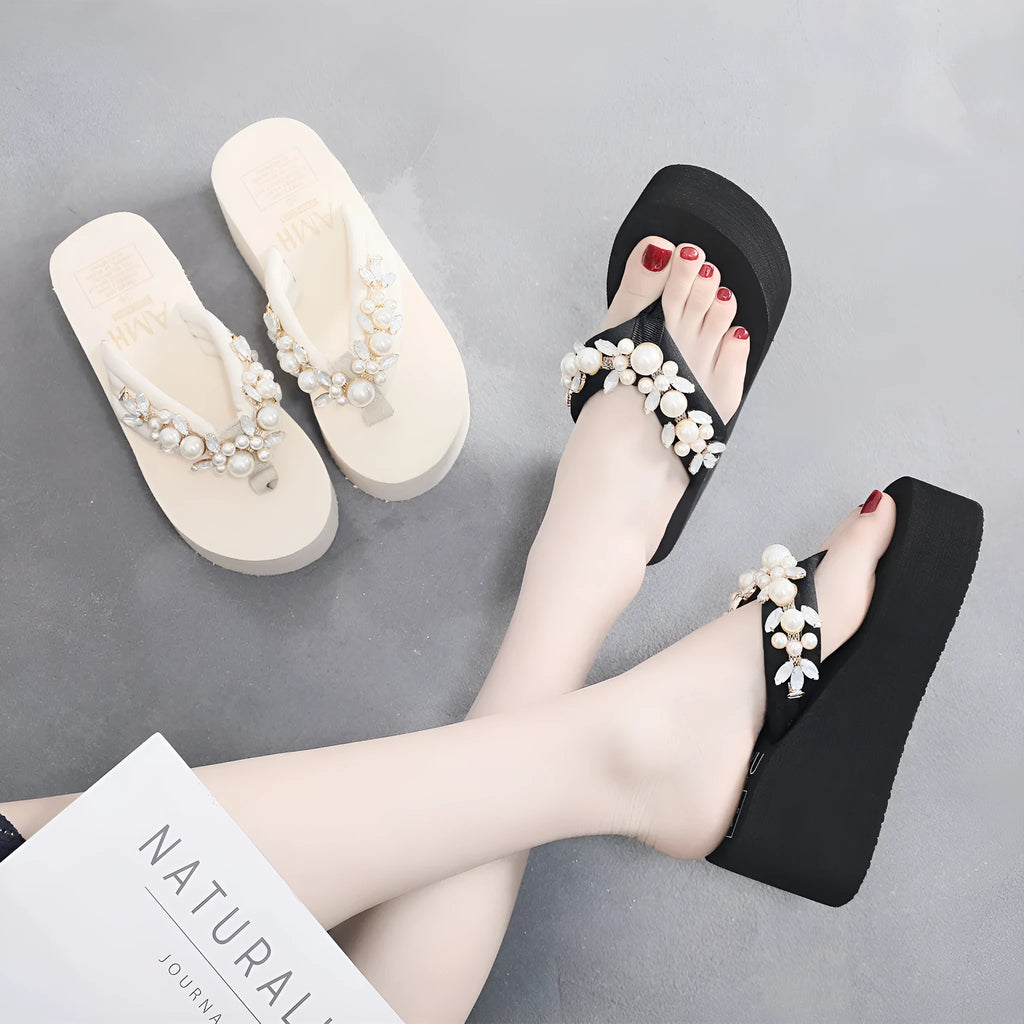 Women's high-heeled wedge flip-flop sandals with a cotton cloth upper in beige and black.