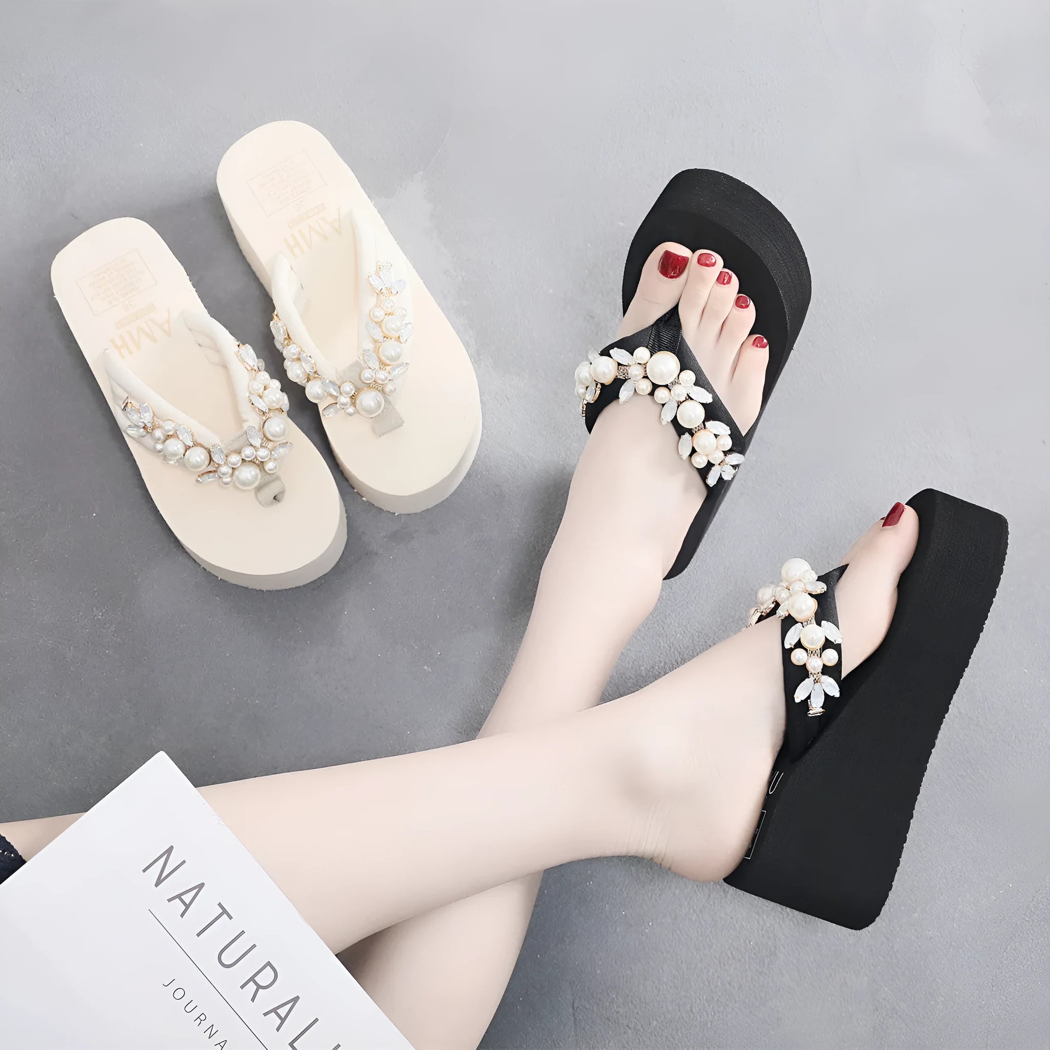 Women's high-heeled wedge flip-flop sandals with a cotton cloth upper in beige and black.