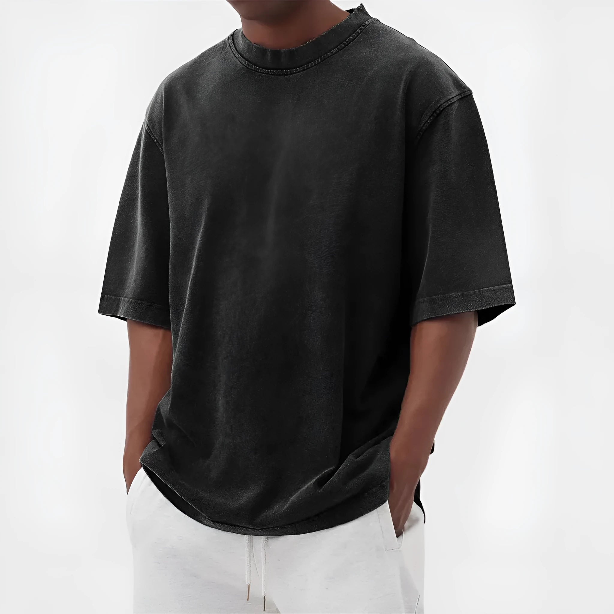 Men's stone-wash distressed pullover t-shirt in loose fit with half sleeves