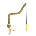 Green snake cat teasing stick with feather attachment on 140 cm long pole