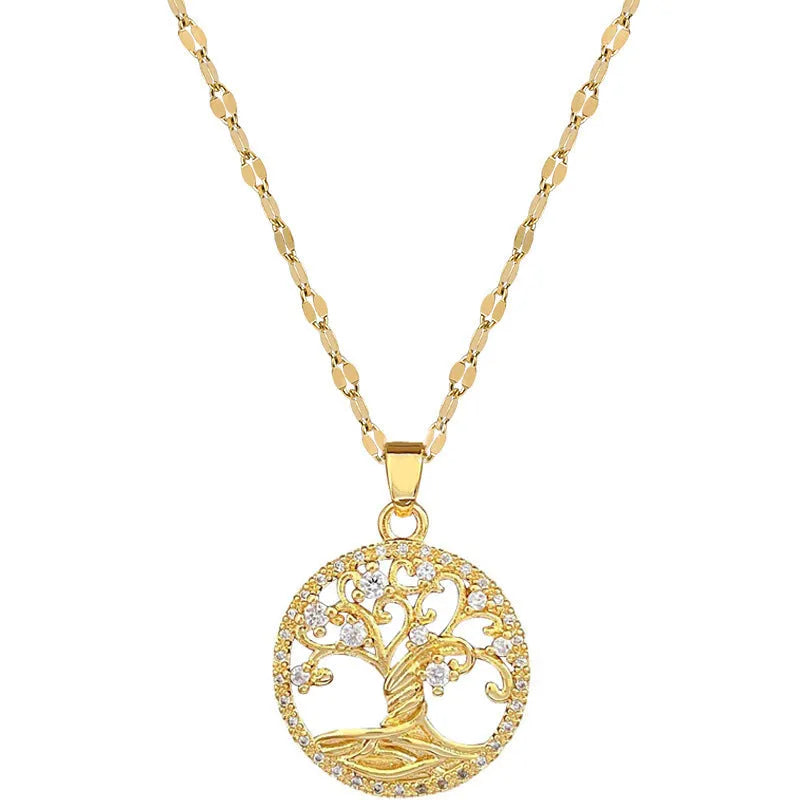 Gold-plated necklace with a detailed rhinestone lucky tree pendant on a Mother Pearl base.