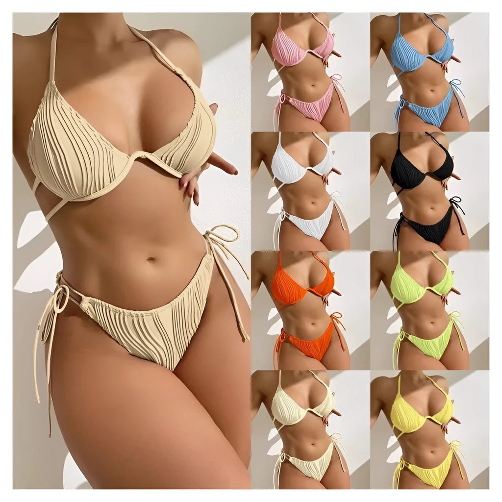Women's split bikini swimsuit with steel bracket underwire in various colours on a mannequin.