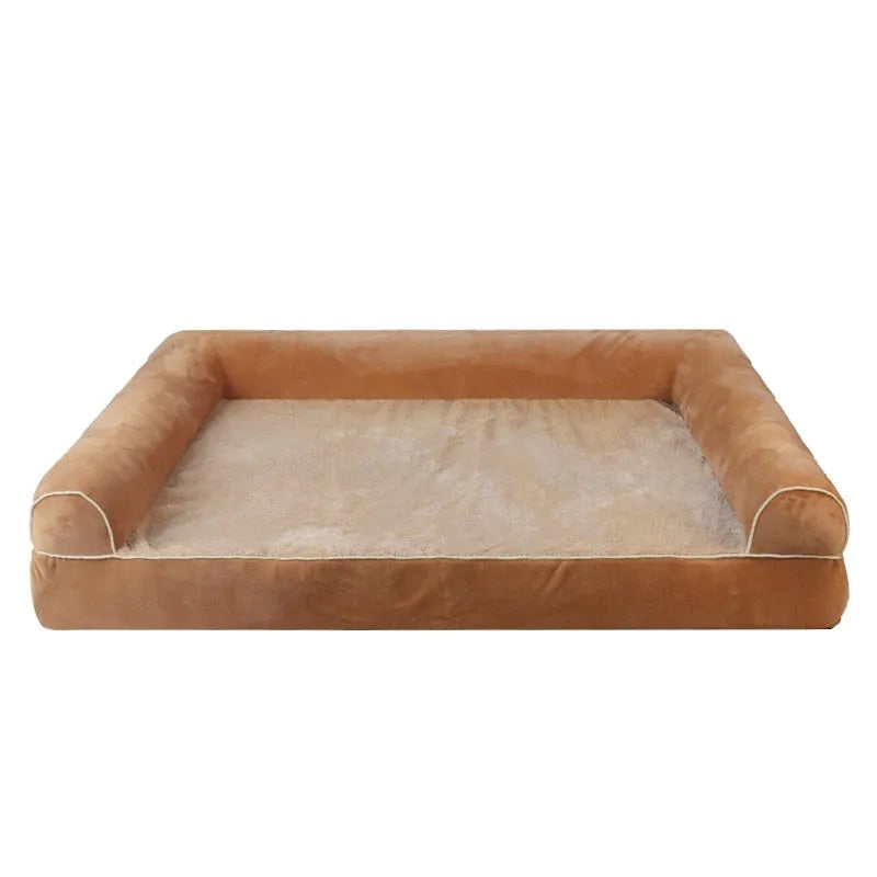 Breathable square sponge dog bed for pets in blue colour, shown in a home setting.