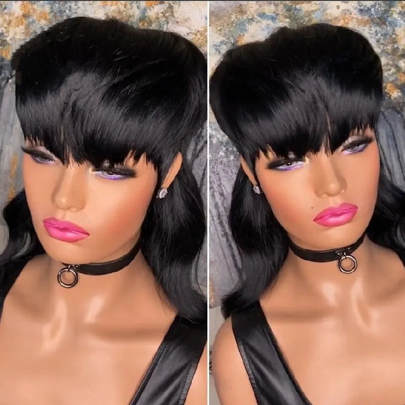 Bangs black front short back long Brazilian wig in T7262 Black on a mannequin head