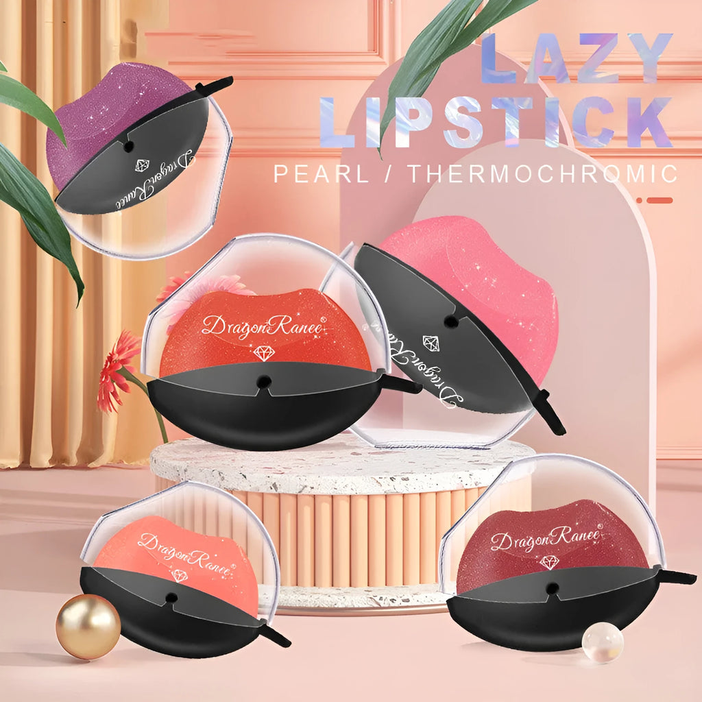 Lazy Lips pearlescent glitter lipstick in DR01-DR12 shades, 9.8g non-stick cup formula with golden flash finish