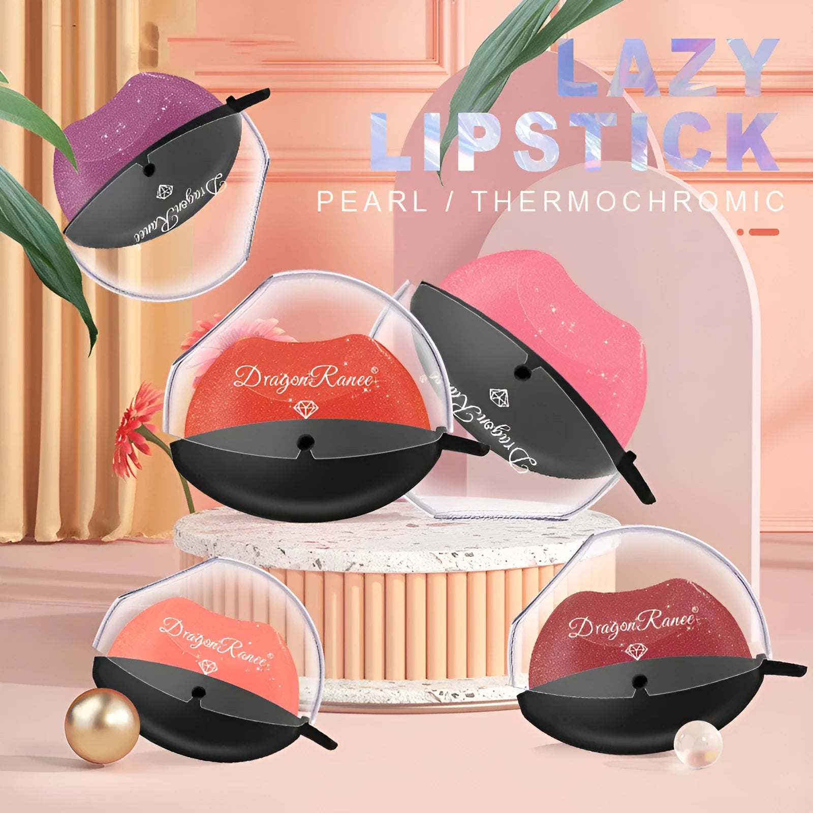 Lazy Lips pearlescent glitter lipstick in DR01-DR12 shades, 9.8g non-stick cup formula with golden flash finish
