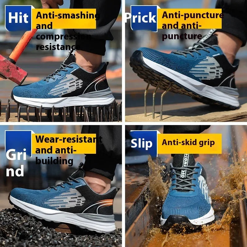 Blue men's lightweight safety work shoes with Flyknit mesh upper and non-slip PU sole